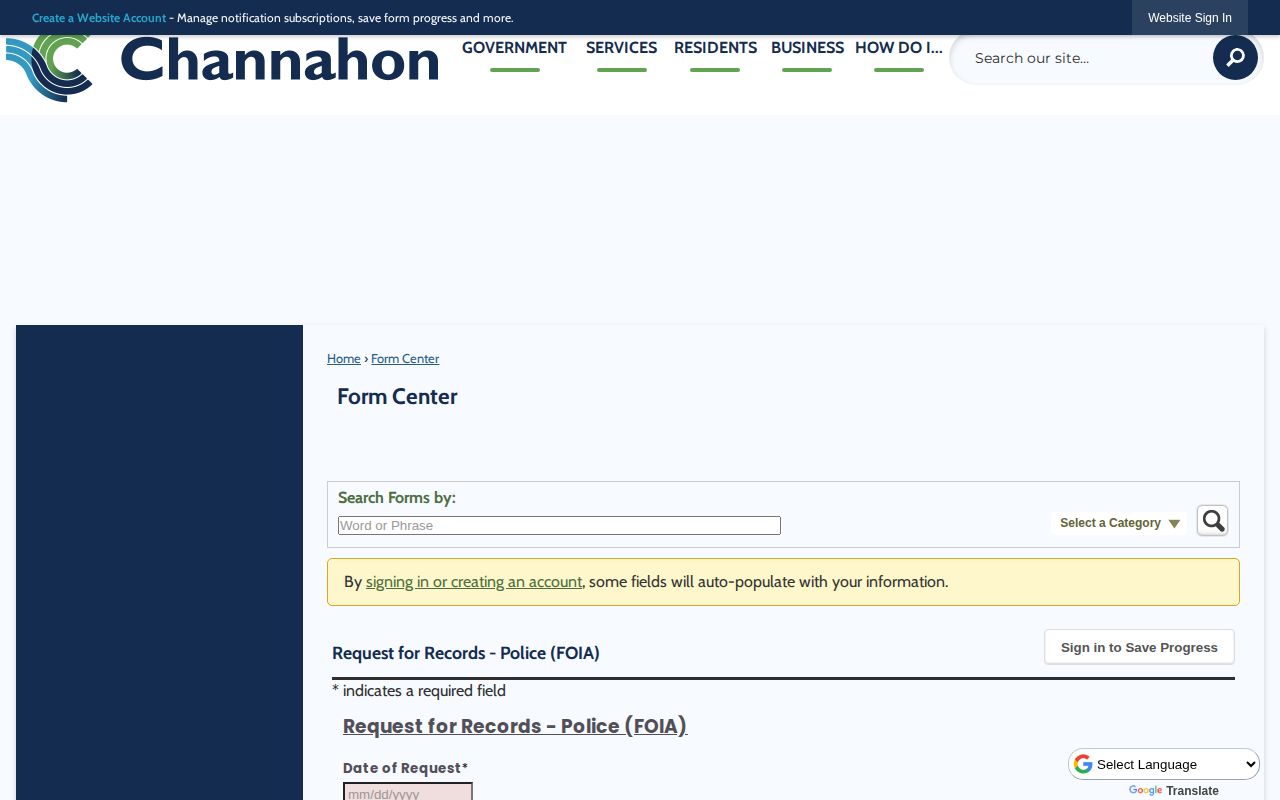 Channahon Police FOIA request form with records request fields and response terms