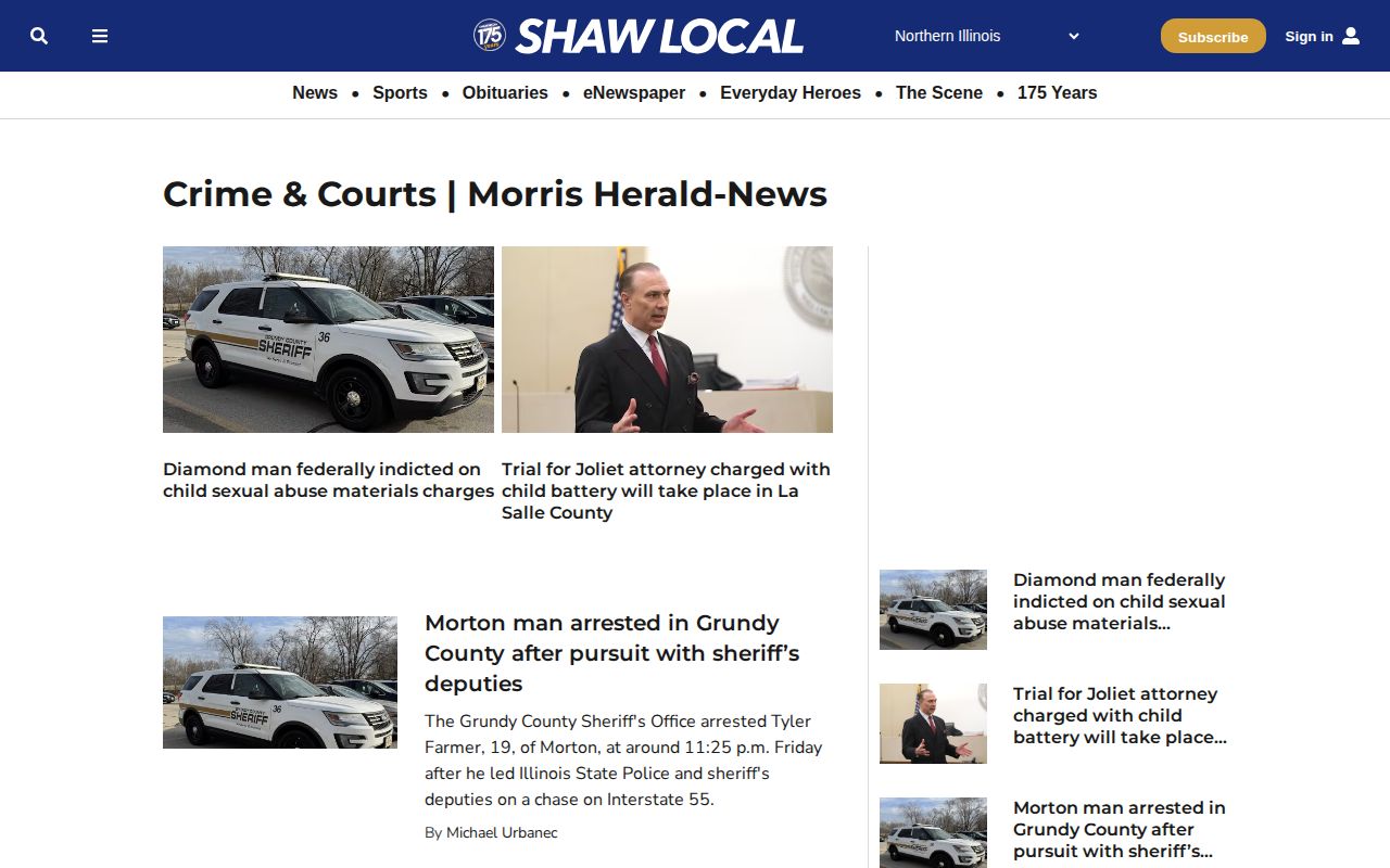 Grundy County crime and courts news page showing a sheriff vehicle and selected local stories