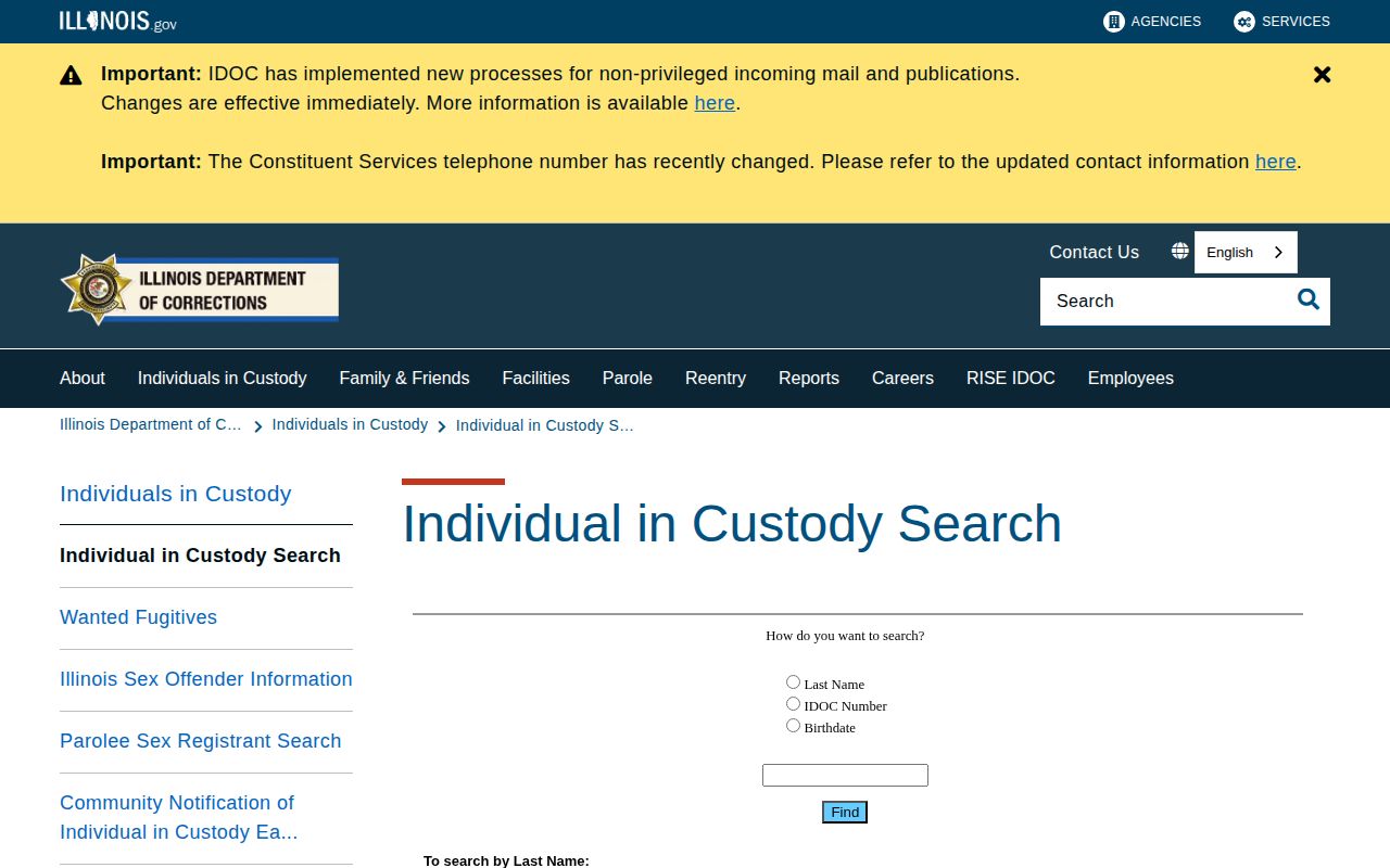 Illinois DOC individual in custody search for state offender records
