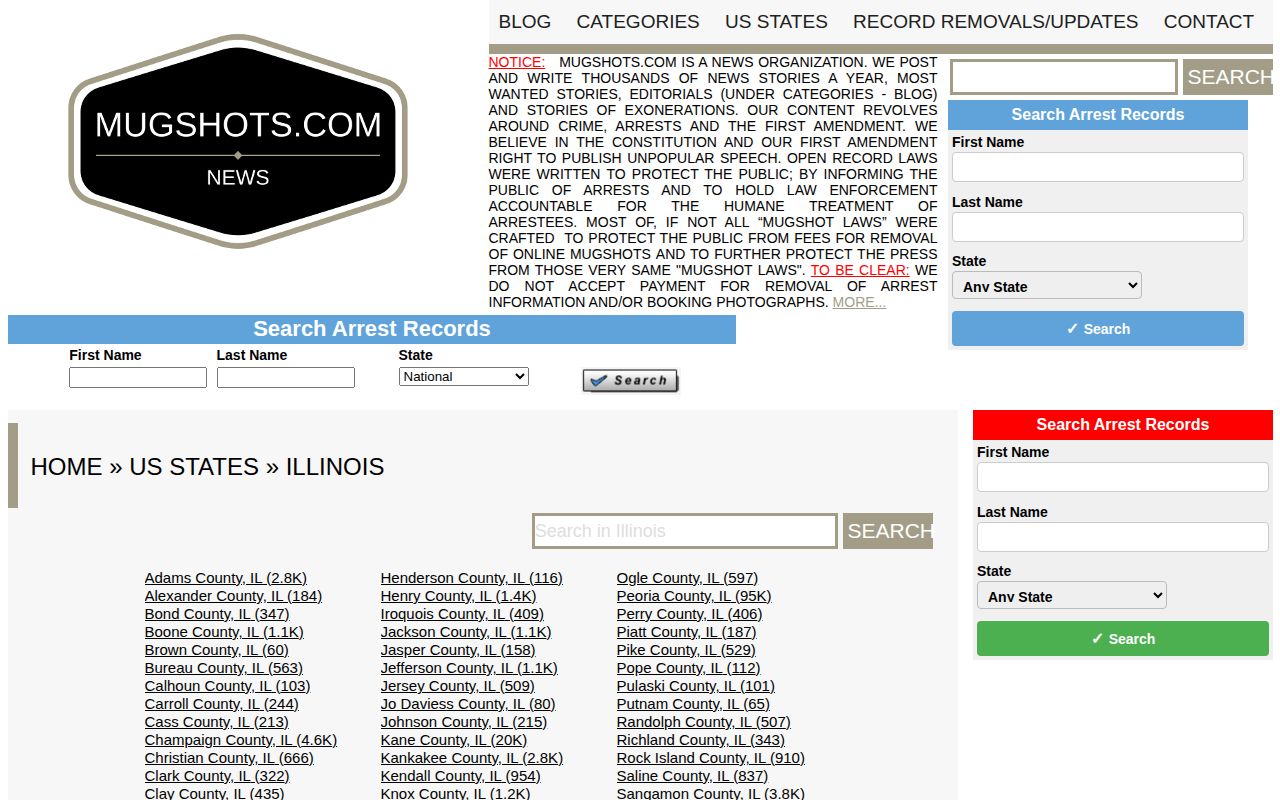 Unofficial Illinois mugshot directory showing a Grundy County link